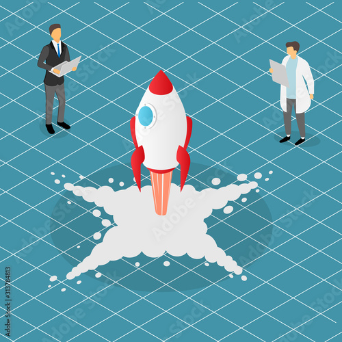 Start up rocket ship. Missile launch. Isometry