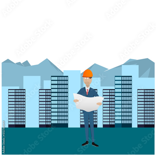 Engineer building. Construction of buildings. Vector illustration
