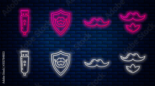 Set line Mustache and beard on shield, Mustache, Electrical hair clipper or shaver and Mustache and beard. Glowing neon icon on brick wall. Vector