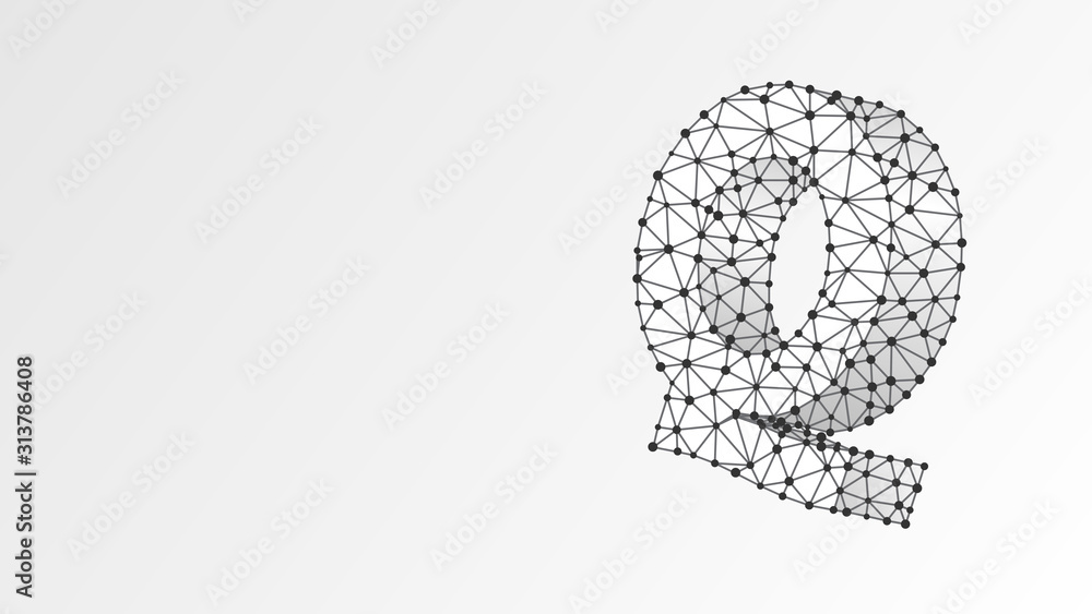 Alphabet letter Q. Abstract digital wireframe, low poly mesh, Raster white origami 3d illustration. Design of an Uppercase english letter. Banner, template or a pattern. Line, dot Alphabet letter Q. Abstract digital wireframe, low poly mesh, Raster white origami 3d illustration. Design of an Uppercase english letter. Banner, template or a pattern. Line, dot