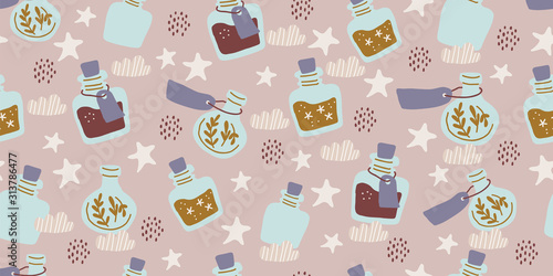 Seamless pattern - colorful magic potion bottles 