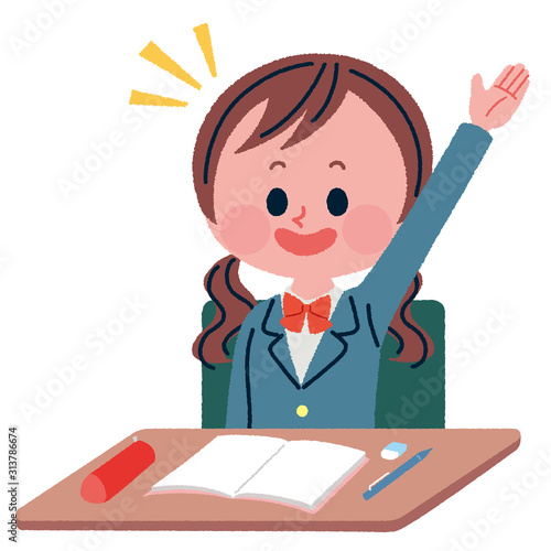 授業中に挙手をする女子学生イラスト
