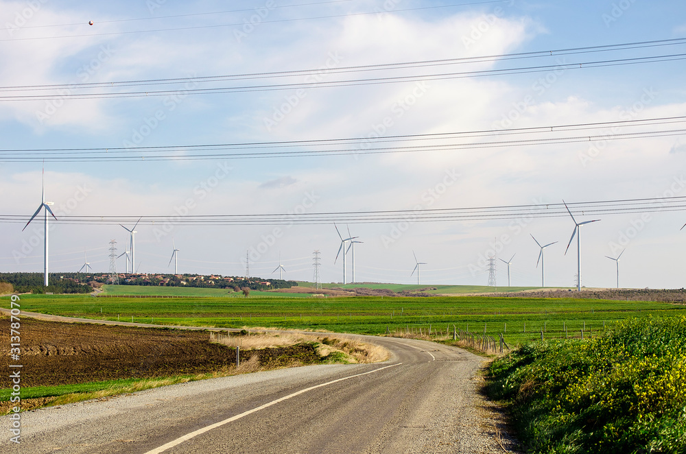 Suburban landscape. Windmills on side of asphalt road. Sunny summer day. Blue sky with white clouds. Green forest along road. Alternative energy unity with nature concept. Copy space. Selective focus. Suburban landscape. Windmills on side of asphalt road. Sunny summer day. Blue sky with white clouds. Green forest along road. Alternative energy unity with nature concept. Copy space. Selective focus.