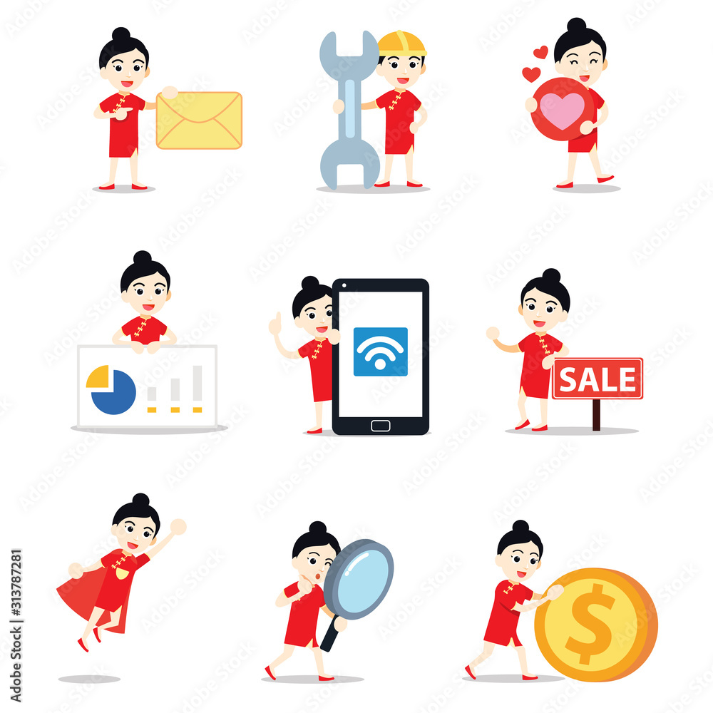 Set of character woman speaking with Chinese language. Set of character woman speaking with Chinese language.
