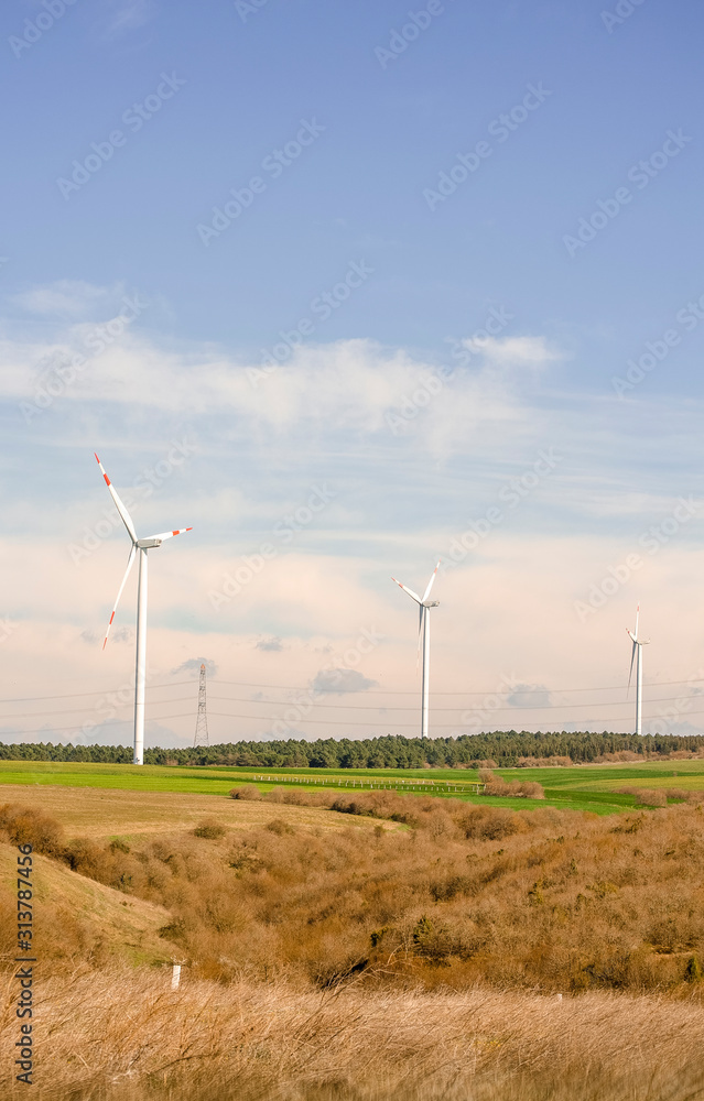 Suburban landscape. Windmills on farm among fields. Sunny summer day. Blue sky with white clouds. Green forest along road. Alternative energy unity with nature concept. Copy space. Selective focus.