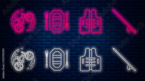Set line Rafting boat, Life jacket, Bicycle trick and Surfboard. Glowing neon icon on brick wall. Vector