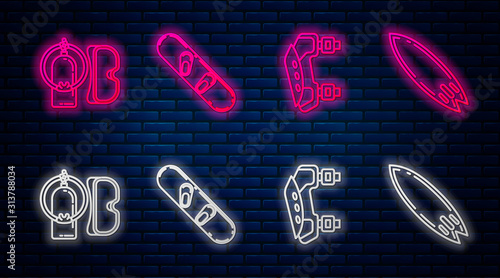 Set line Snowboard, Knee pads, Diving mask and aqualung and Surfboard. Glowing neon icon on brick wall. Vector