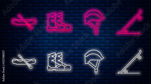 Set line Boots, Bicycle helmet, Rafting boat and Skateboard. Glowing neon icon on brick wall. Vector