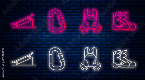 Set line Carabiner, Parachute, Skateboard on street ramp and Boots. Glowing neon icon on brick wall. Vector