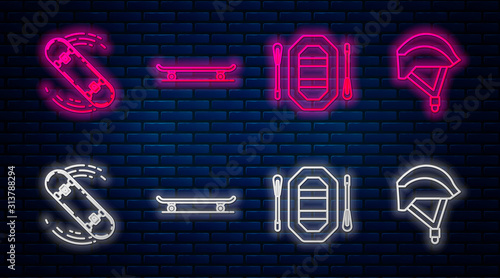 Set line Skateboard, Rafting boat, Skateboard trick and Bicycle helmet. Glowing neon icon on brick wall. Vector
