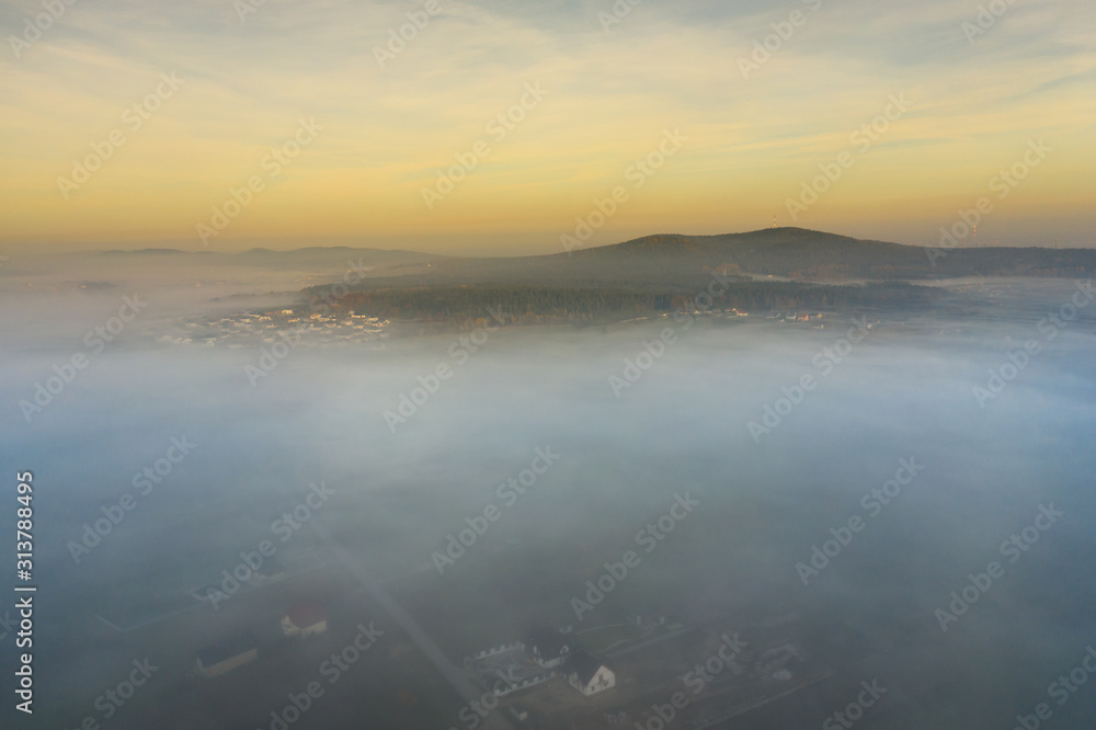 Aerial view of morning fog and sunrise in autumn Aerial view of morning fog and sunrise in autumn