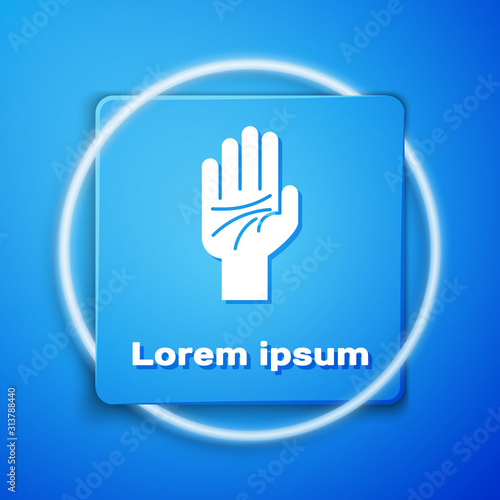 White Palmistry of the hand icon isolated on blue background. Blue square button. Vector Illustration