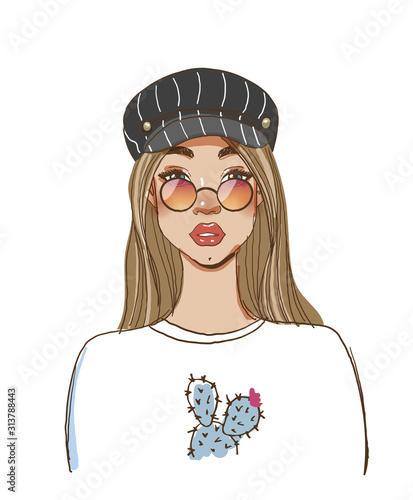 Portrait of a modern fashionable hipster girl in round glasses and a cap. Color sketch of a beautiful woman with long hair. Fashion vector illustration isolated on white background.