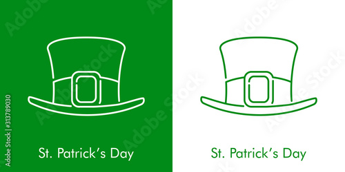 Día de San Patricio. Icono plano lineal sombrero de leprechaun en fondo verde y fondo blanco