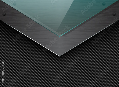 Vector black carbon fiber background with corner brushed metal plate and green transparent glass. Industrial elegant arrow design illustration