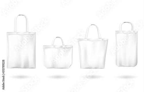 Tote canvas bags for shopping. Vector mockup of realistic white reusable cotton ecobags different shapes with handle isolated on white background. Eco friendly fabric accessory for market or travel