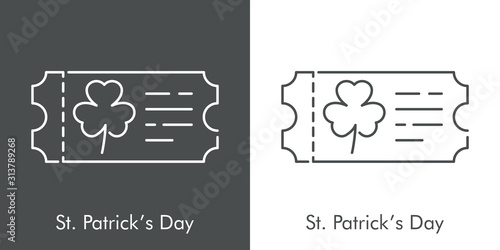 Día de San Patricio. Icono plano lineal ticket con trébol en fondo gris y fondo blanco