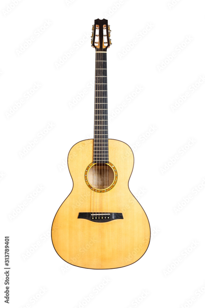 Obraz premium wood texture of lower deck of six strings acoustic guitar on white background. guitar shape