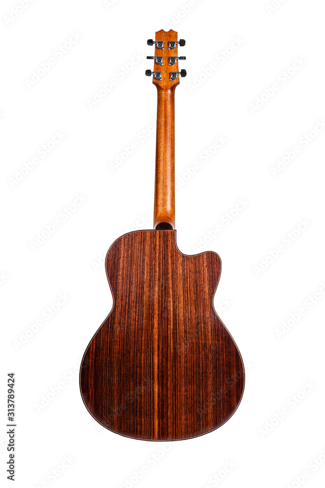 Naklejka premium wood texture of lower deck of six strings acoustic guitar on white background. guitar shape