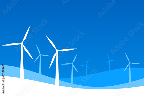 White wind turbine farm on blue background illustration. © Suppachok N