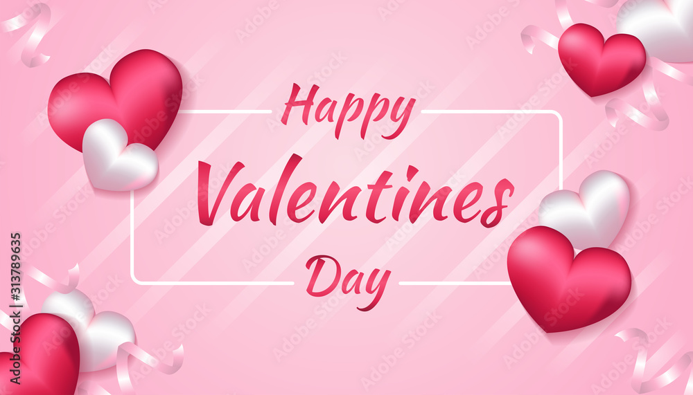 Valentines Day Background with 3d heart shape and ribbon in pink and white color, applicable for invitation, greeting, celebration card