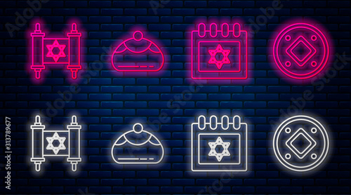 Set line Jewish sweet bakery, Jewish calendar with star of david, Torah scroll and Jewish coin. Glowing neon icon on brick wall. Vector