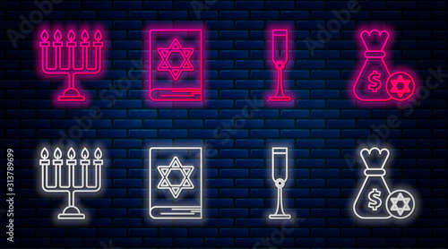 Set line Jewish torah book, Jewish goblet, Hanukkah menorah and Jewish money bag with star of david and coin. Glowing neon icon on brick wall. Vector
