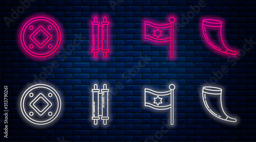 Set line Torah scroll, Flag of Israel, Jewish coin and Traditional ram horn, shofar. Glowing neon icon on brick wall. Vector
