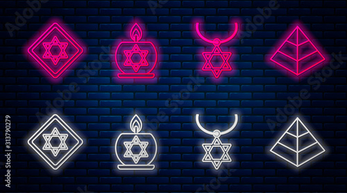 Set line Burning candle in candlestick with star of david, Star of David necklace on chain, Star of David and Egypt pyramids. Glowing neon icon on brick wall. Vector