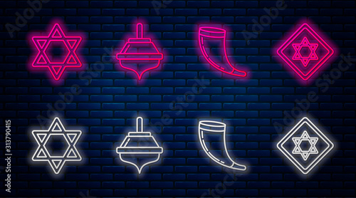 Set line Hanukkah dreidel, Traditional ram horn, shofar, Star of David and Star of David. Glowing neon icon on brick wall. Vector