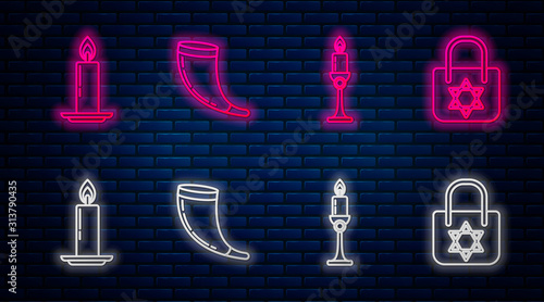 Set line Traditional ram horn, shofar, Burning candle in candlestick, Burning candle in candlestick and Shopping bag with star of david. Glowing neon icon on brick wall. Vector