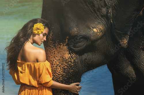 Photography Woman in beautiful orange dress and mighty elephant