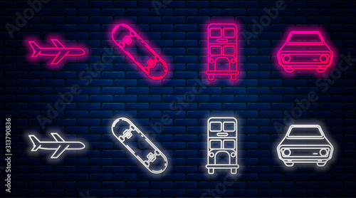 Set line Skateboard, Double decker bus, Plane and Car. Glowing neon icon on brick wall. Vector