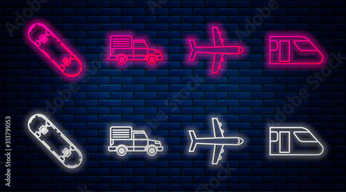 Set line Delivery cargo truck vehicle, Plane, Skateboard and Train. Glowing neon icon on brick wall. Vector