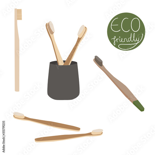 Bamboo toothbrush set isoalted vector illustration, eco friendly logo. Zero waste