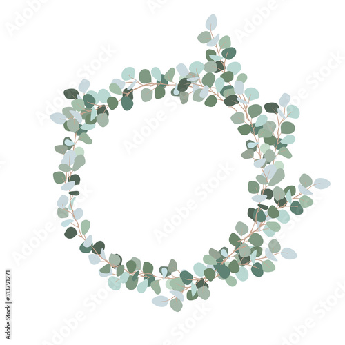 A wreath of blue foliage. Save the date. Clip art for wedding, invitation, celebration. Eucalyptus branches. Vector illustration isolated on a white background.
