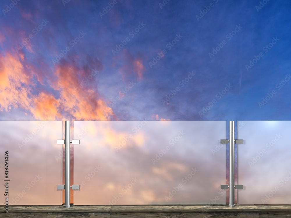 glass fence with sunset clouds sky in background. 3D illustration glass fence with sunset clouds sky in background. 3D illustration