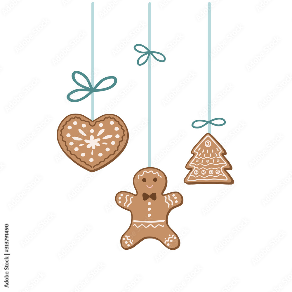 Naklejka premium Christmas decorations. Gingerbread cookies. Vector freehand illustration.