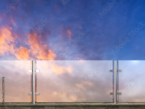glass fence with sunset clouds sky in background. 3D illustration 