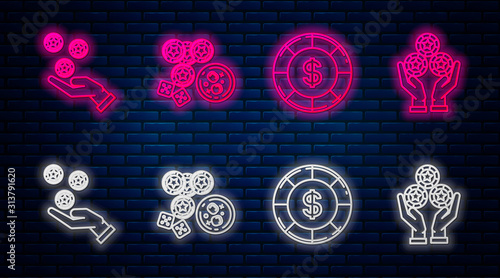 Set line Casino chips, game dice and glass of whiskey with ice cubes, Casino chip with dollar symbol, Hand holding casino chips and Hand holding casino chips. Glowing neon icon on brick wall. Vector