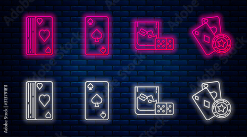 Set line Playing card with spades symbol, Game dice and glass of whiskey with ice cubes, Deck of playing cards and Casino chip and playing cards. Glowing neon icon on brick wall. Vector