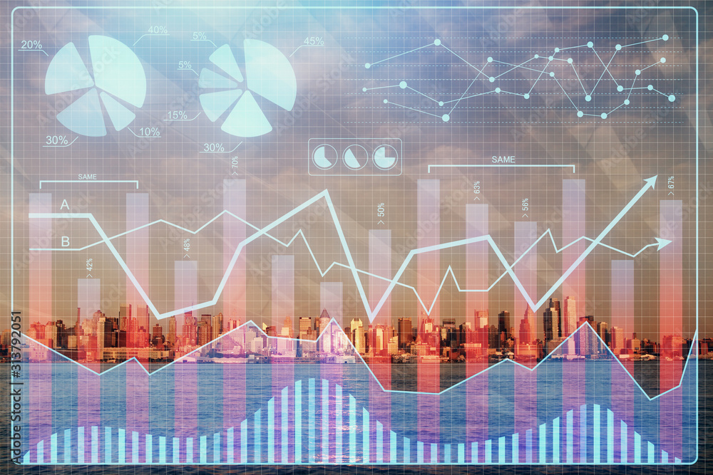 Forex chart on cityscape with skyscrapers wallpaper double exposure. Financial research concept. Forex chart on cityscape with skyscrapers wallpaper double exposure. Financial research concept.