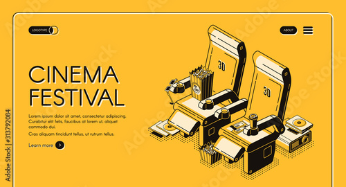 Cinema festival isometric landing page, movie attributes chairs with popcorn, 3d glasses, tickets, cups, film projector with cd disks on yellow background. Vector illustration, line art web banner