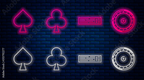 Set line Playing card with clubs symbol, Deck of playing cards, Playing card with spades symbol and Casino roulette wheel. Glowing neon icon on brick wall. Vector