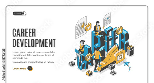 Career development isometric landing page. Businesspeople work in internet using gadgets climbing up by growing data chart. Employees working boost, job 3d vector line art illustration, web banner