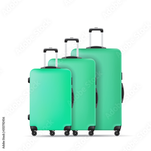 mint travel plastic suitcase with wheels realistic hand Luggage