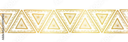 Gold foil triangles seamless vector border. Boho style pattern hand drawn tribal ethnic motifs. Geometric repeating background. Triangle shape repeat tile for elegant banners, cards, party invitations