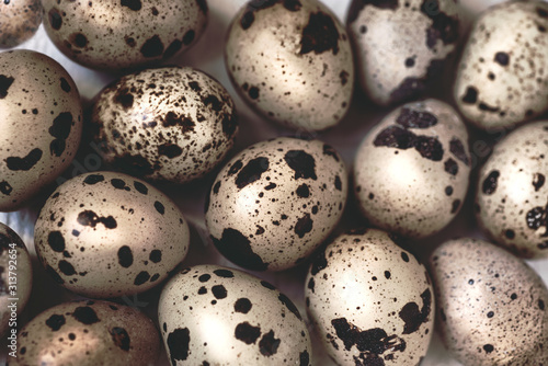 Natural quail Easter background eggs in warm colors