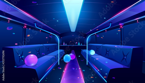 Party bus inside. Vector cartoon illustration of empty limousine nightclub interior with neon disco lights, bar and comfortable seats for celebration birthday, wedding or festival