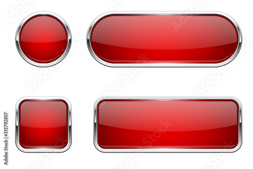 Web buttons. Red shiny icons with chrome frame